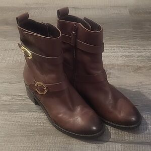 Cole Haan Leela Grand Moto Leather Ankle Boots Gold Straps Women Sz 5.5B